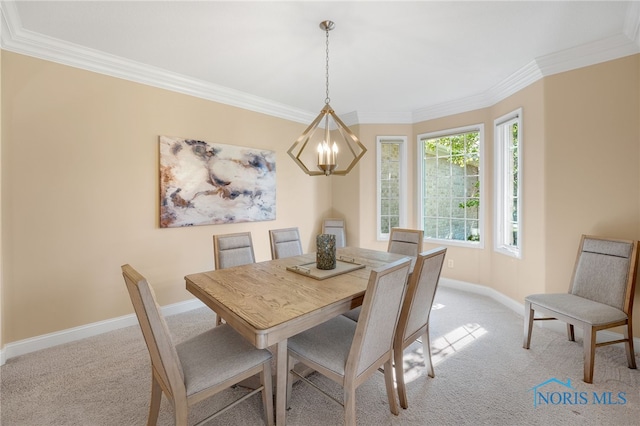 dining area with crown molding, light carpet, and a chandelier