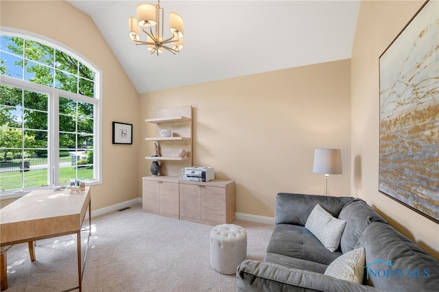 office space with light carpet, vaulted ceiling, and an inviting chandelier