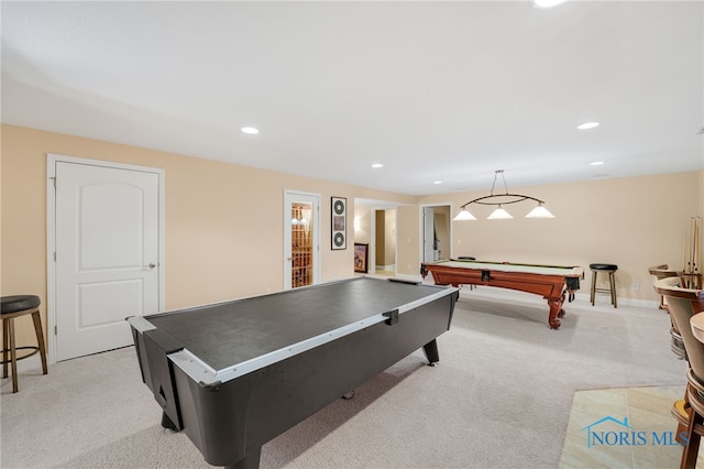 game room featuring light carpet and pool table