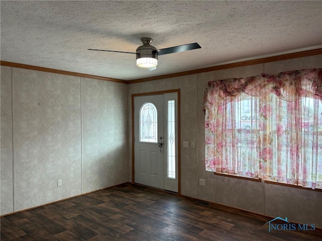 entryway featuring ceiling fan, a healthy amount of sunlight, and dark hardwood / wood-style floors