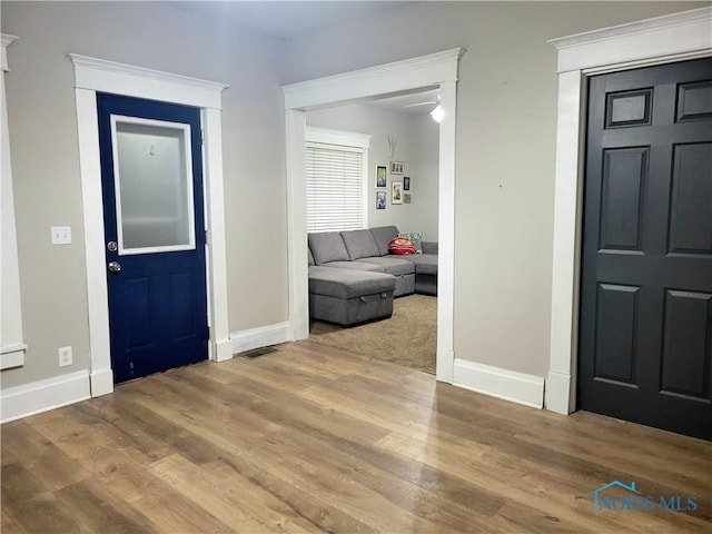 foyer entrance with ceiling fan and wood-type flooring