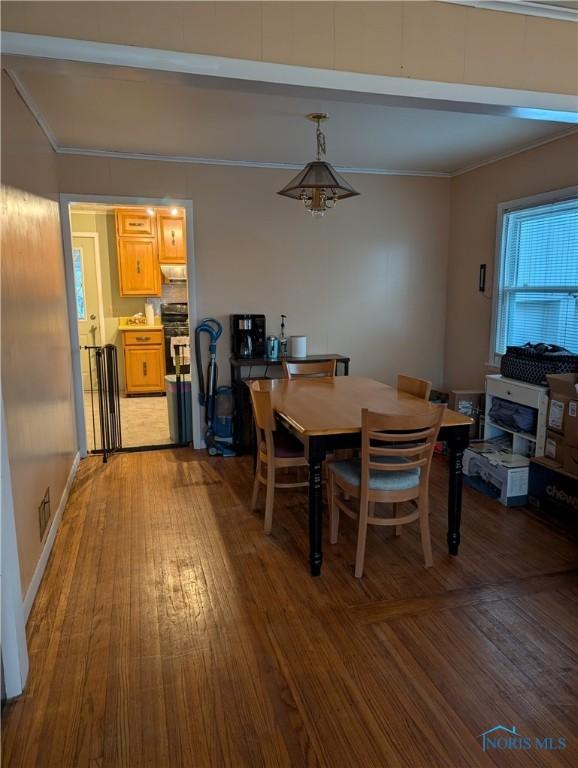 dining area with crown molding and hardwood / wood-style flooring