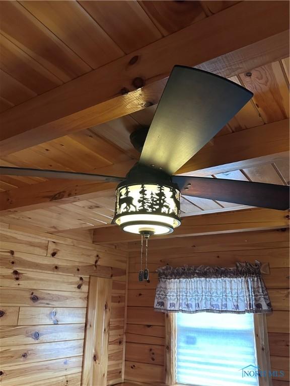 details featuring wooden ceiling, wooden walls, and beam ceiling