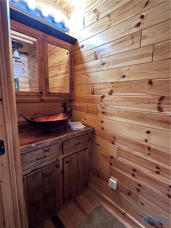 bathroom with wood walls and vanity