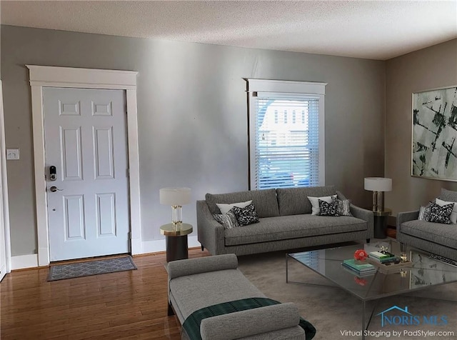 living room with a textured ceiling and hardwood / wood-style flooring