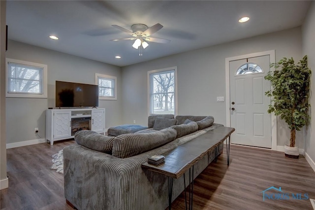 living room with a fireplace, wood-type flooring, and ceiling fan