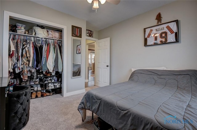 bedroom with ceiling fan, a closet, and carpet