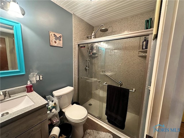 bathroom with vanity, toilet, and walk in shower