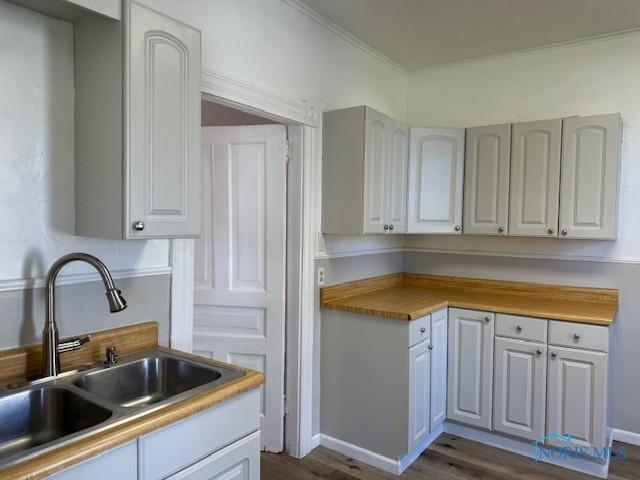 kitchen featuring white cabinetry, sink, wood counters, dark hardwood / wood-style floors, and ornamental molding