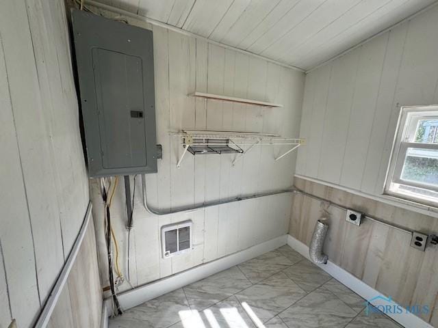 laundry area with electric dryer hookup, electric panel, wood walls, and wood ceiling