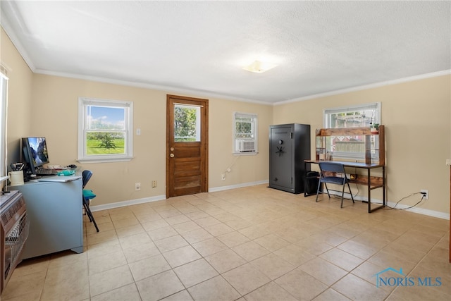 office space with a textured ceiling, light tile patterned flooring, and crown molding