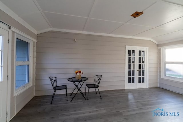 unfurnished sunroom with french doors and vaulted ceiling