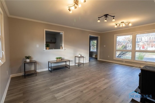 living room featuring wood-type flooring and ornamental molding