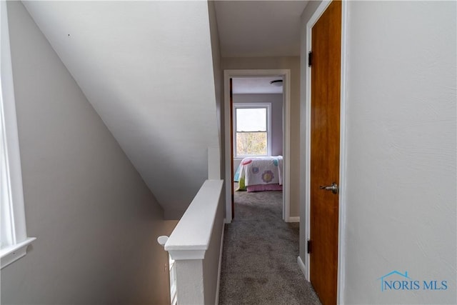 hallway featuring carpet floors and lofted ceiling