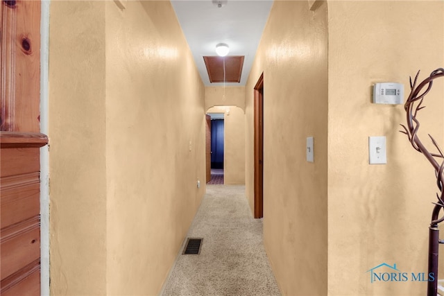 hallway with light colored carpet