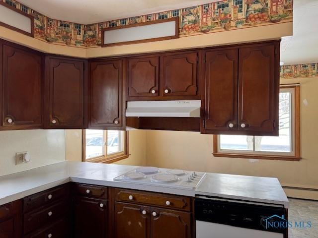 kitchen with dark brown cabinets, a healthy amount of sunlight, white appliances, and baseboard heating