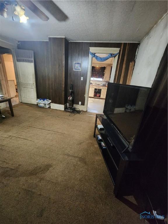 living room with carpet, wooden walls, and a textured ceiling