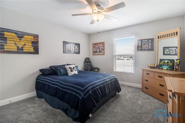 bedroom with ceiling fan and carpet flooring