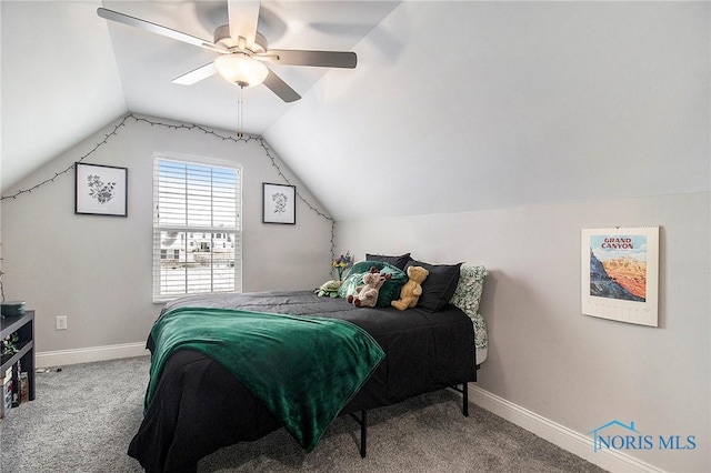 bedroom featuring vaulted ceiling, carpet, and ceiling fan