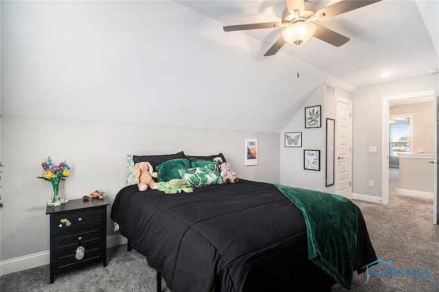 bedroom with lofted ceiling, carpet floors, and ceiling fan