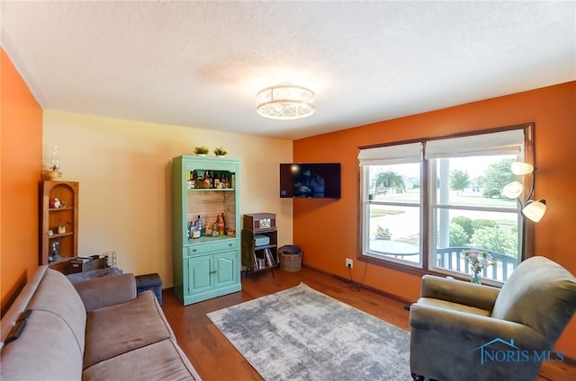 living room with dark hardwood / wood-style flooring and a textured ceiling