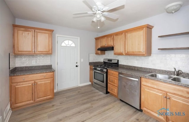 kitchen with sink, ceiling fan, decorative backsplash, light hardwood / wood-style floors, and stainless steel appliances