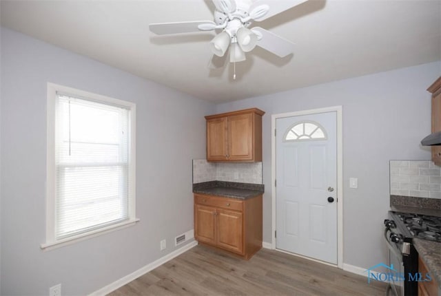 kitchen featuring stainless steel gas stove, light hardwood / wood-style floors, backsplash, and a wealth of natural light