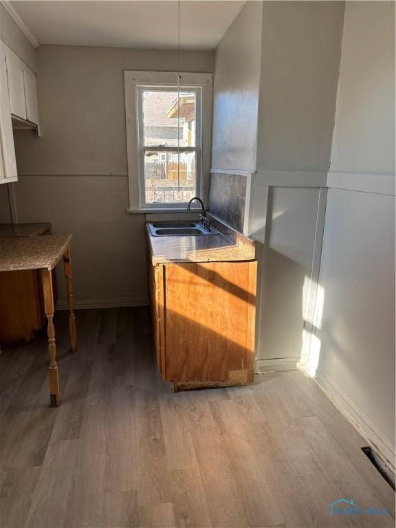 kitchen featuring white cabinets, light wood-type flooring, and sink