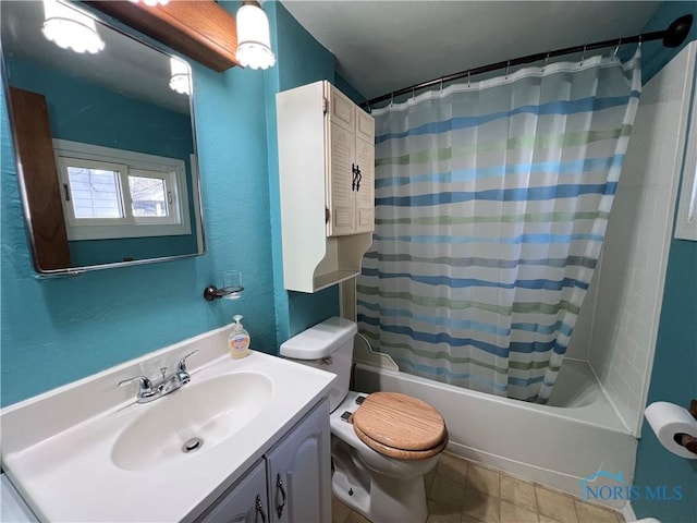 full bathroom featuring vanity, shower / bathtub combination with curtain, and toilet