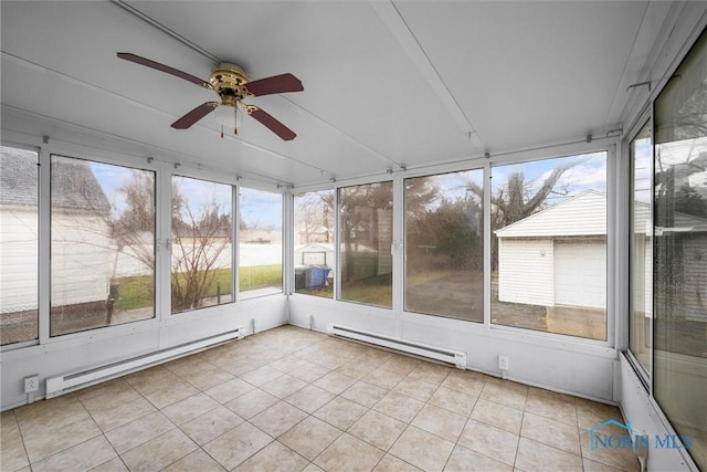 unfurnished sunroom featuring ceiling fan and baseboard heating