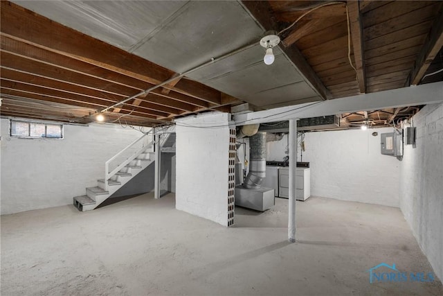 basement with electric panel and independent washer and dryer