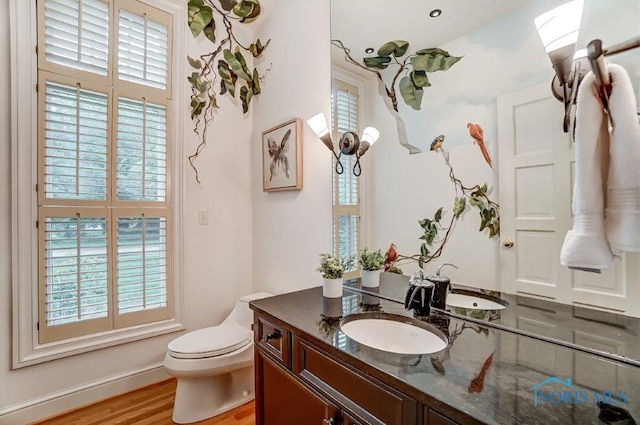 bathroom featuring vanity, toilet, wood-type flooring, and a wealth of natural light