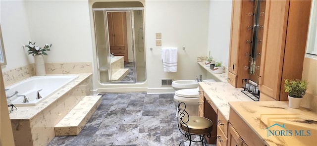 full bathroom featuring vanity, plus walk in shower, a bidet, and toilet