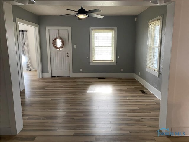 entrance foyer featuring ceiling fan and dark hardwood / wood-style floors