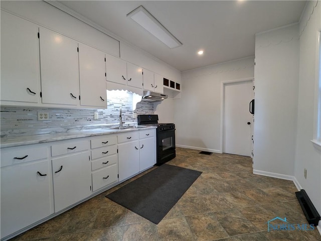 kitchen featuring sink, backsplash, crown molding, black range with gas cooktop, and white cabinets