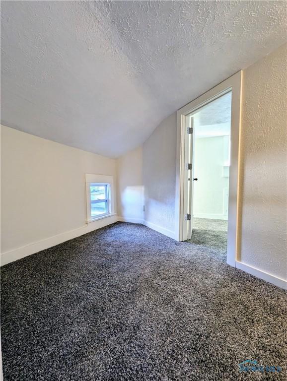 bonus room featuring a textured ceiling, carpet floors, and vaulted ceiling