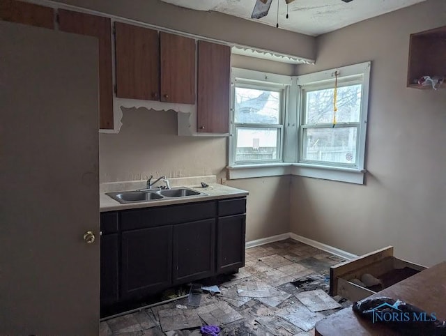 kitchen featuring dark brown cabinets, ceiling fan, and sink