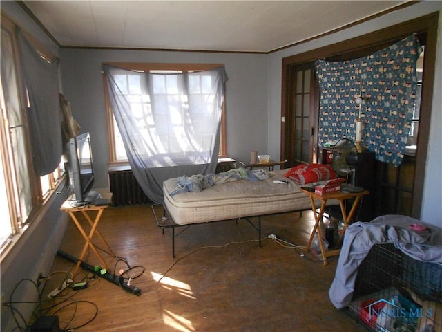 dining space with hardwood / wood-style floors, radiator heating unit, and crown molding