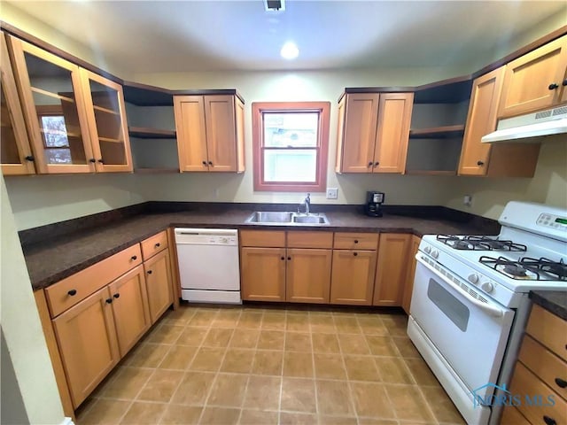 kitchen featuring sink, extractor fan, and white appliances