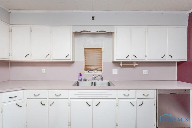 kitchen featuring white cabinets, dishwasher, ornamental molding, and sink