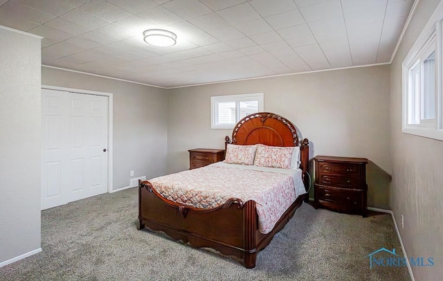 carpeted bedroom with crown molding