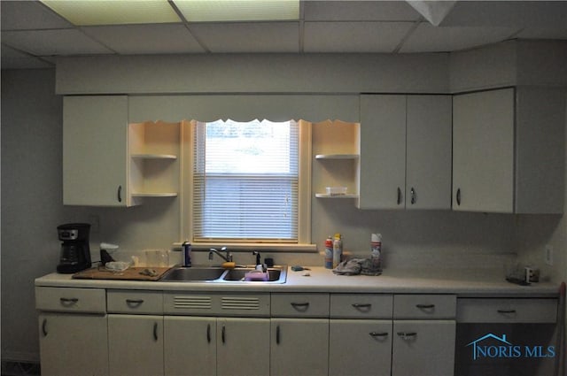 kitchen with white cabinetry, a drop ceiling, and sink