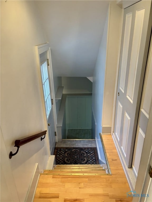 stairway with wood-type flooring