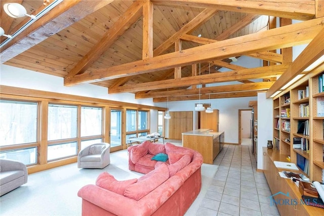 tiled living room with beamed ceiling, wood ceiling, and high vaulted ceiling