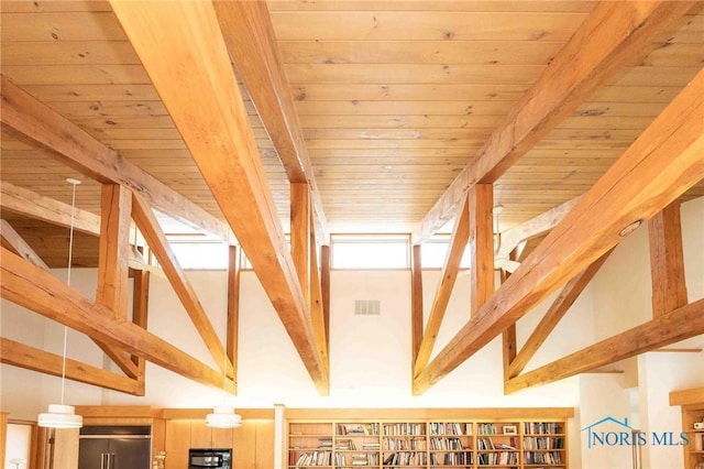 interior details with beam ceiling, built in shelves, built in fridge, and wooden ceiling