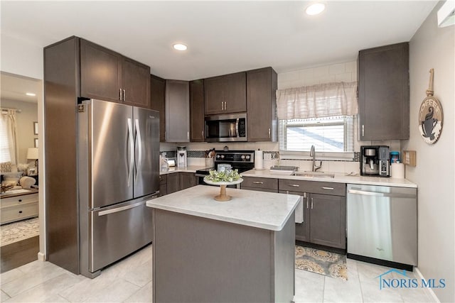 kitchen with backsplash, sink, a kitchen island, dark brown cabinetry, and stainless steel appliances