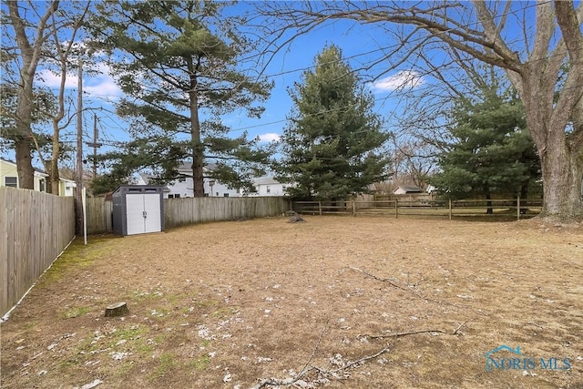 view of yard featuring a storage shed