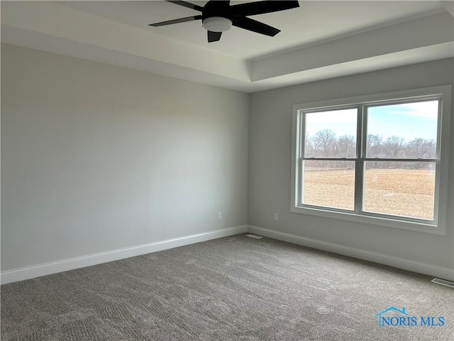 empty room with ceiling fan, a raised ceiling, and carpet