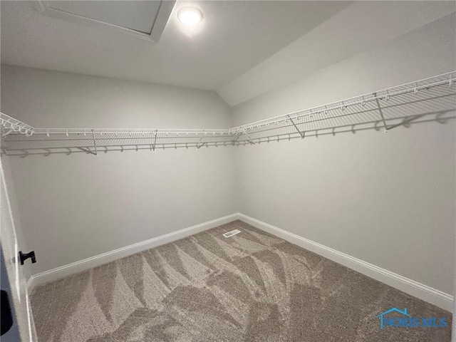 spacious closet with carpet and lofted ceiling