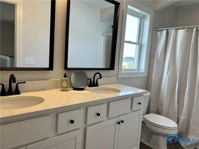 bathroom featuring vanity, a shower with curtain, and toilet